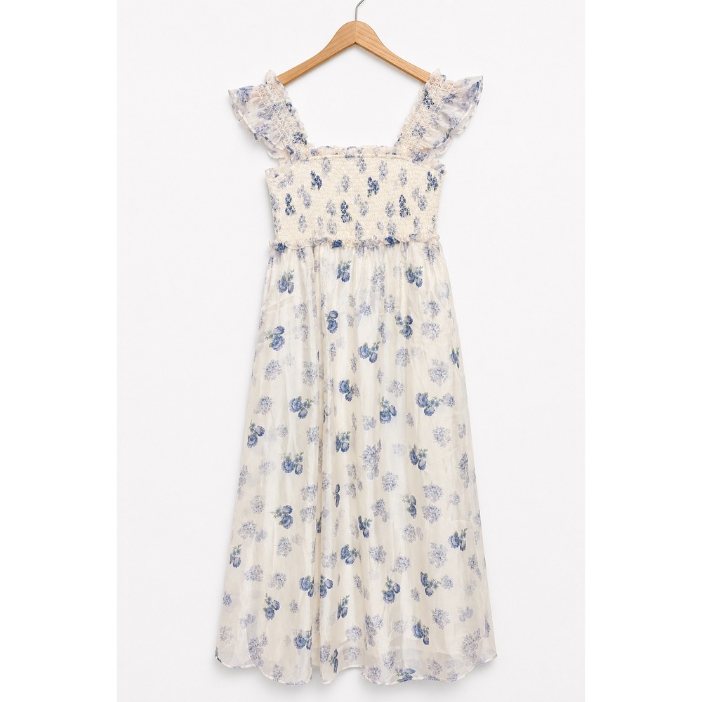 Baltic Born Smocked Floral Chiffon Midi Dress Size L Lined Roses Wedding Guest